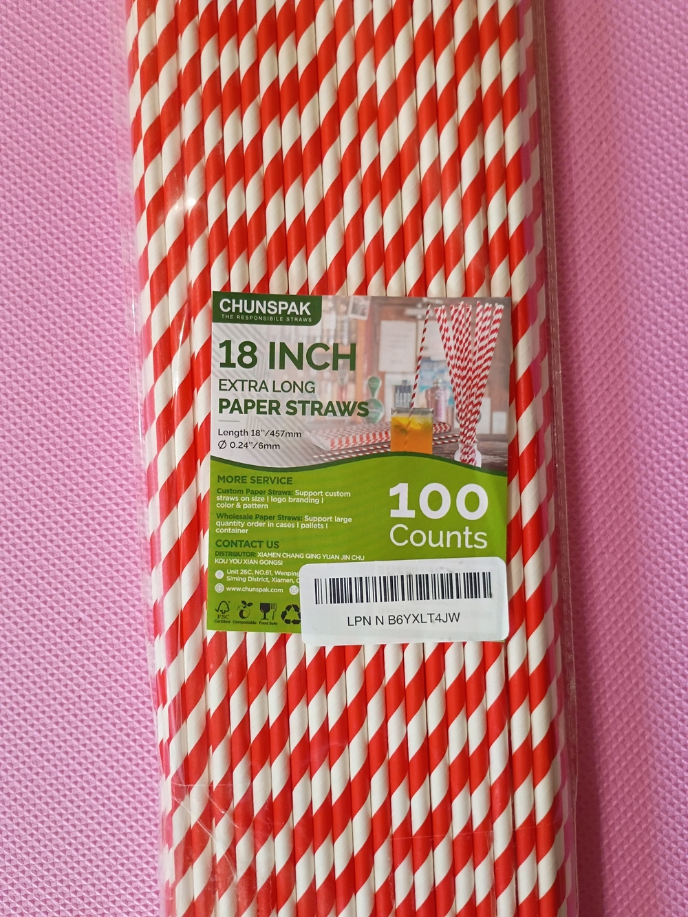 Red & White Striped 18-Inch Paper Straws - 100 Count
